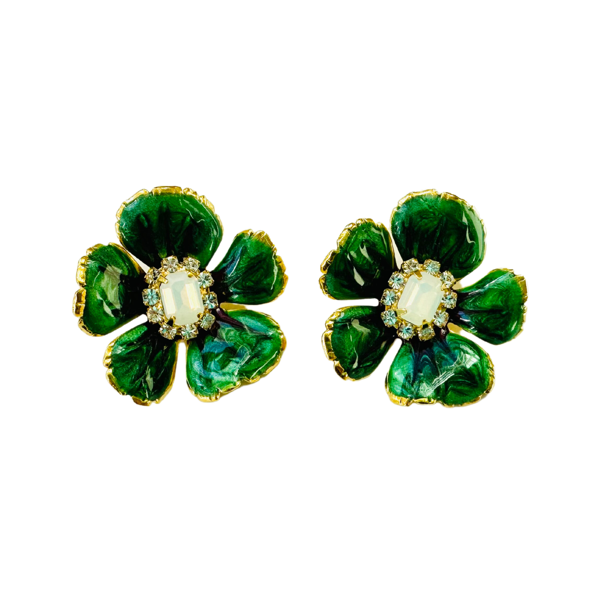 Small Jade Enamel Floral Earrings. 1 of 1.